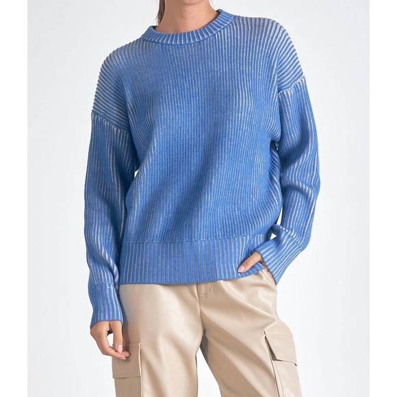 NEW ELAN kendra ribbed crewneck sweater in blue/white